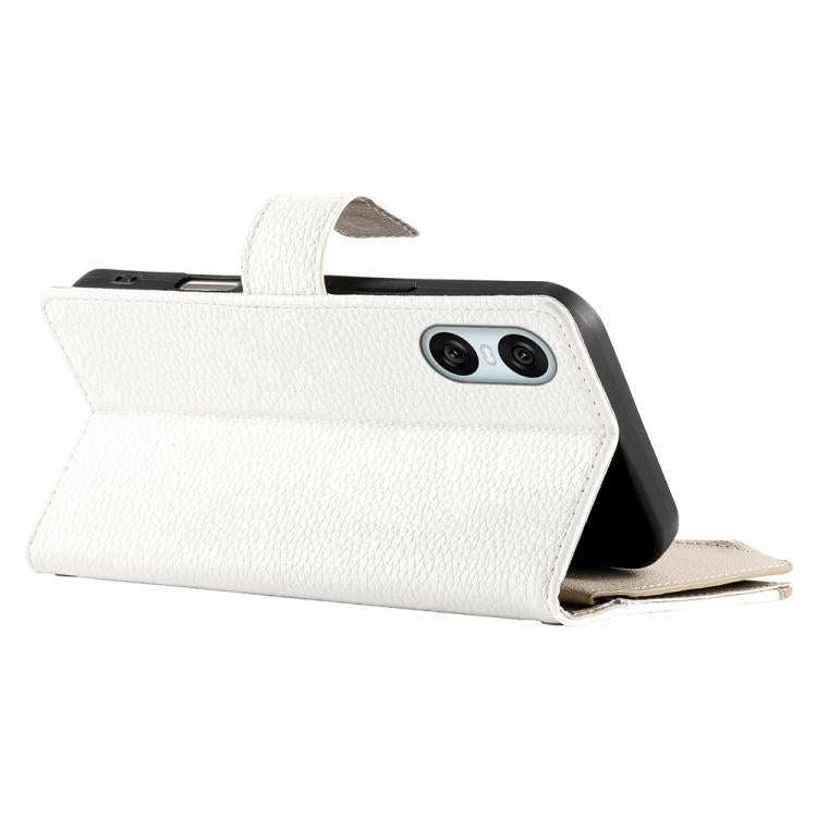 For Sony Xperia 10 VI Stitching Multi-card Zipper Wallet Leather Phone Case with Short Strap(White)