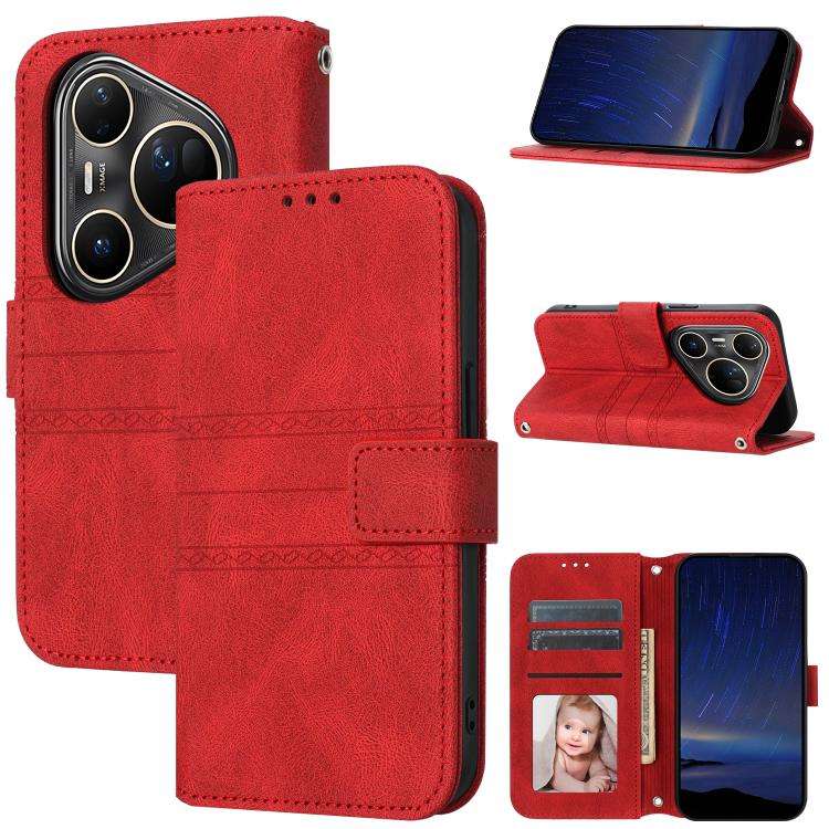 For Huawei Pura 80 Ultra 5G Embossed Stripes Skin Feel Leather Phone Case(Red)