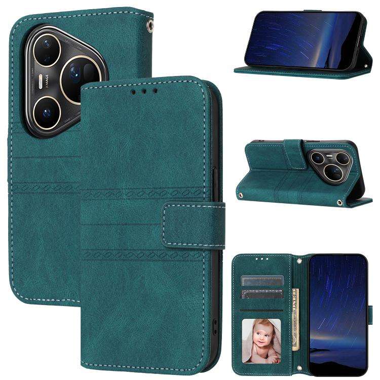 For Huawei Pura 80 Ultra 5G Embossed Stripes Skin Feel Leather Phone Case(Dark Green)