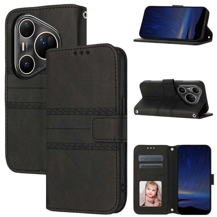 For Huawei Pura 80 Ultra 5G Embossed Stripes Skin Feel Leather Phone Case(Black)