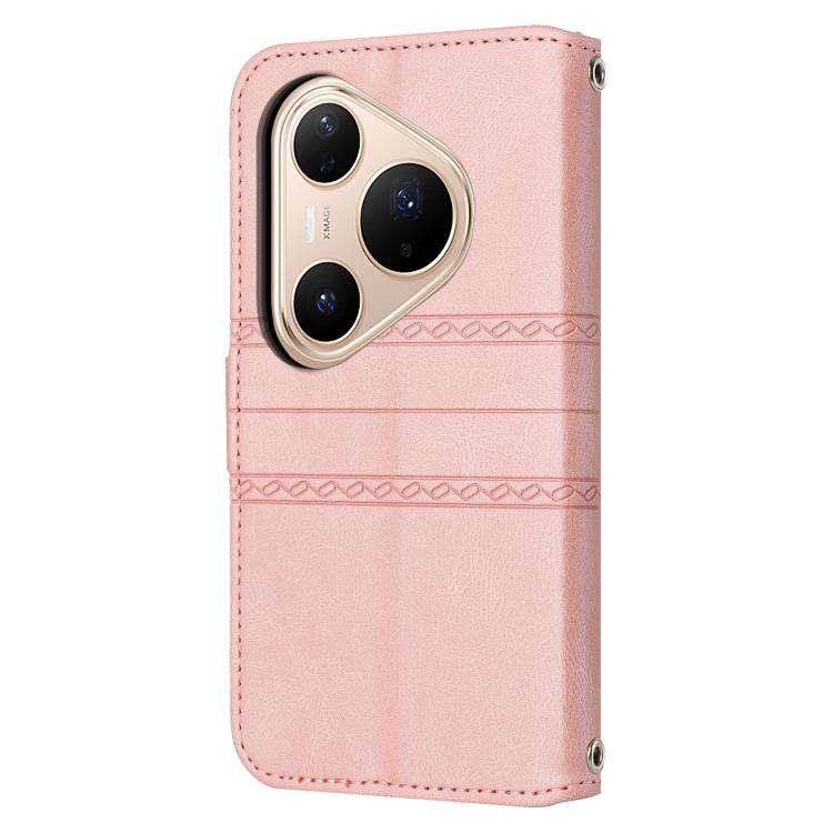 For Huawei Pura 80 5G Embossed Stripes Skin Feel Leather Phone Case(Pink)