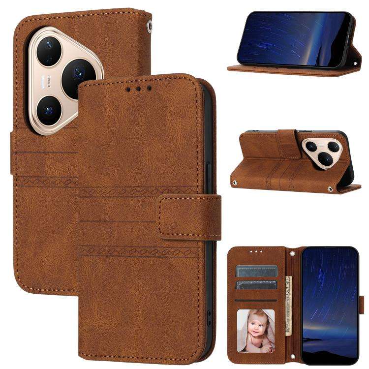 For Huawei Pura 80 5G Embossed Stripes Skin Feel Leather Phone Case(Brown)