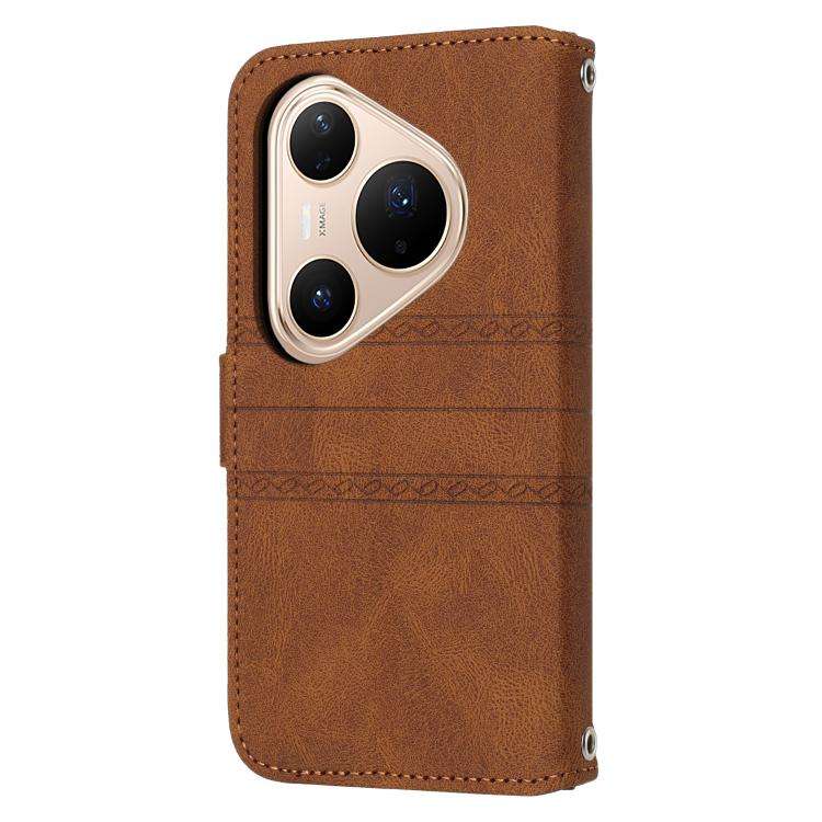 For Huawei Pura 80 5G Embossed Stripes Skin Feel Leather Phone Case(Brown)