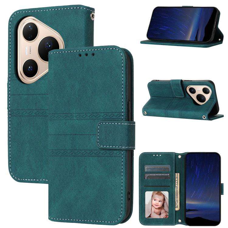 For Huawei Pura 80 5G Embossed Stripes Skin Feel Leather Phone Case(Dark Green)