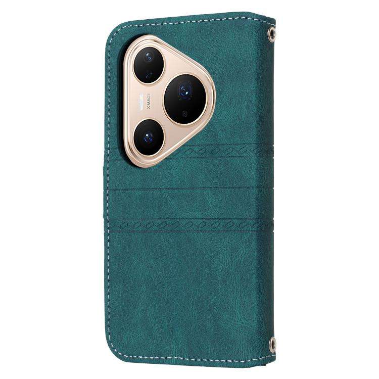 For Huawei Pura 80 5G Embossed Stripes Skin Feel Leather Phone Case(Dark Green)