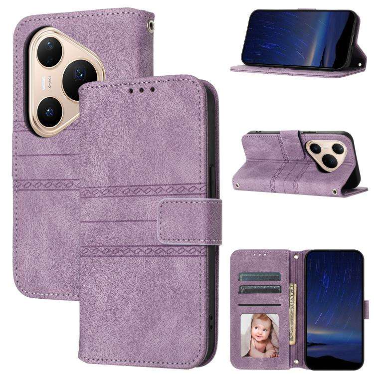 For Huawei Pura 80 5G Embossed Stripes Skin Feel Leather Phone Case(Light Purple)