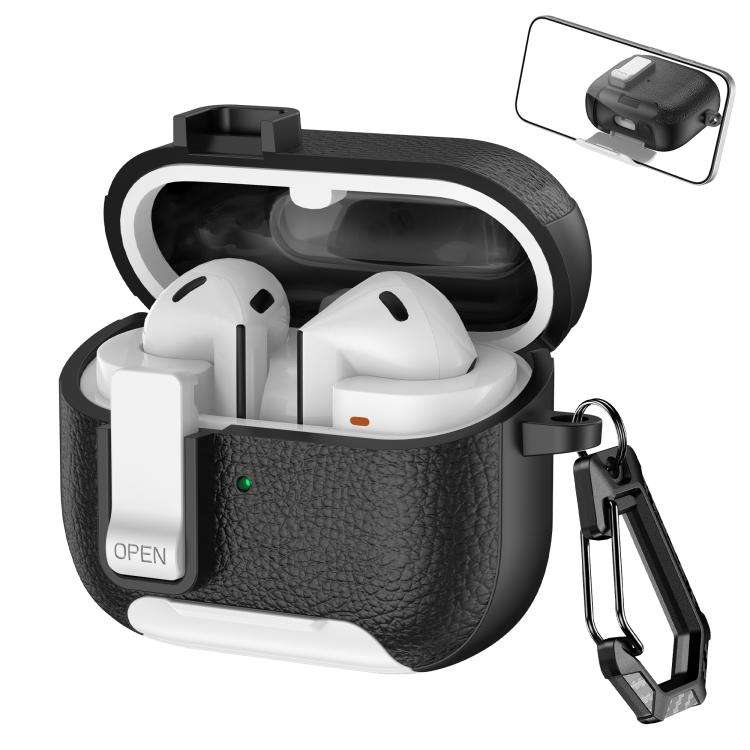 For Samsung Galaxy Buds3 / Buds3 Pro Leather Texture Wireless Earphones Case with Hook & Holder(B...