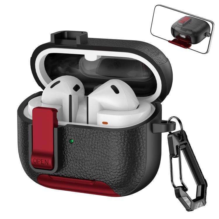 For Samsung Galaxy Buds3 / Buds3 Pro Leather Texture Wireless Earphones Case with Hook & Holder(B...