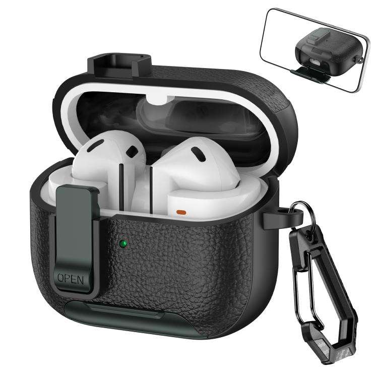 For Samsung Galaxy Buds3 / Buds3 Pro Leather Texture Wireless Earphones Case with Hook & Holder(B...