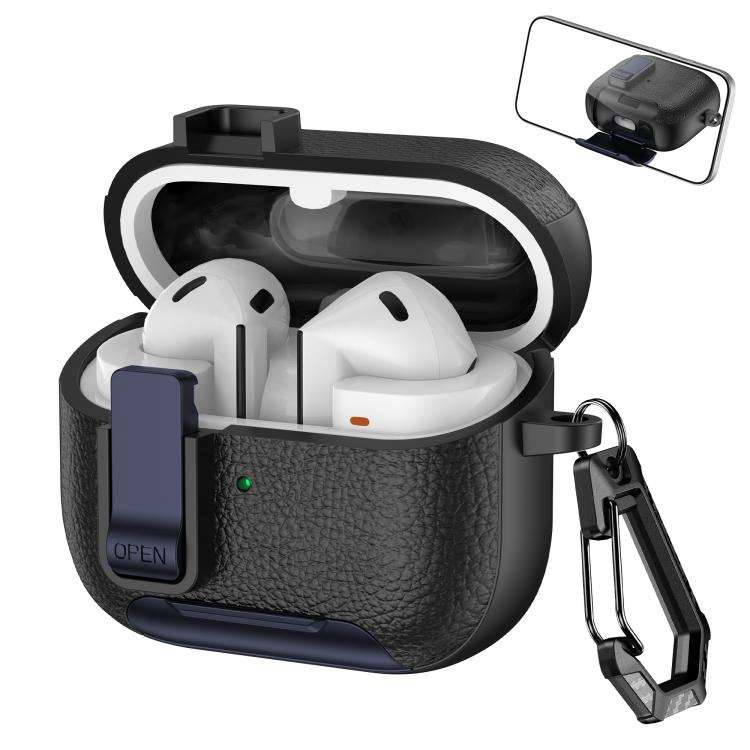 For Samsung Galaxy Buds3 / Buds3 Pro Leather Texture Wireless Earphones Case with Hook & Holder(B...
