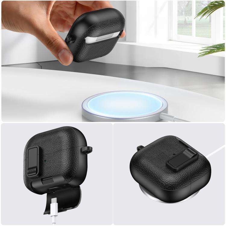 For Samsung Galaxy Buds3 / Buds3 Pro Leather Texture Wireless Earphones Case with Hook & Holder(W...