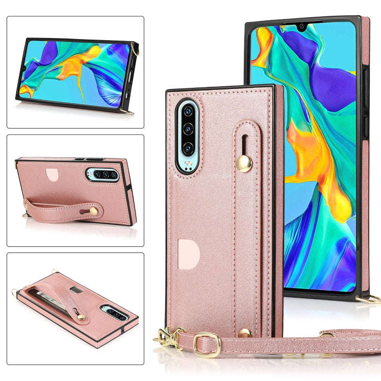 For Huawei P30 Wrist Strap PU+TPU Shockproof Protective Case with Crossbody Lanyard & Holder & Ca...