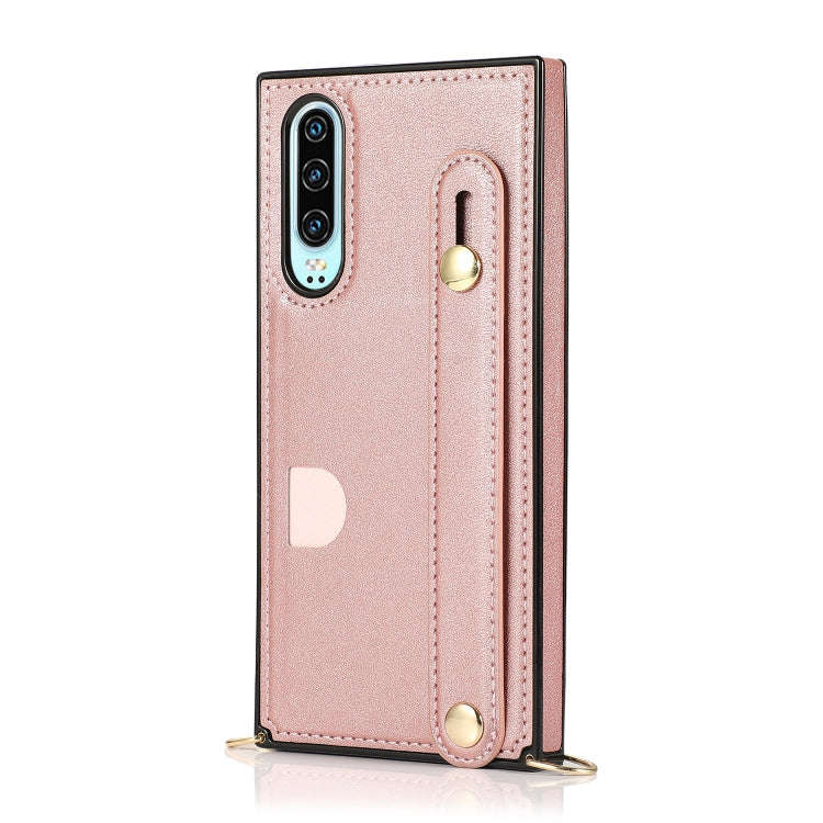 For Huawei P30 Wrist Strap PU+TPU Shockproof Protective Case with Crossbody Lanyard & Holder & Ca...