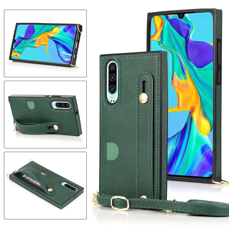 For Huawei P30 Wrist Strap PU+TPU Shockproof Protective Case with Crossbody Lanyard & Holder & Ca...