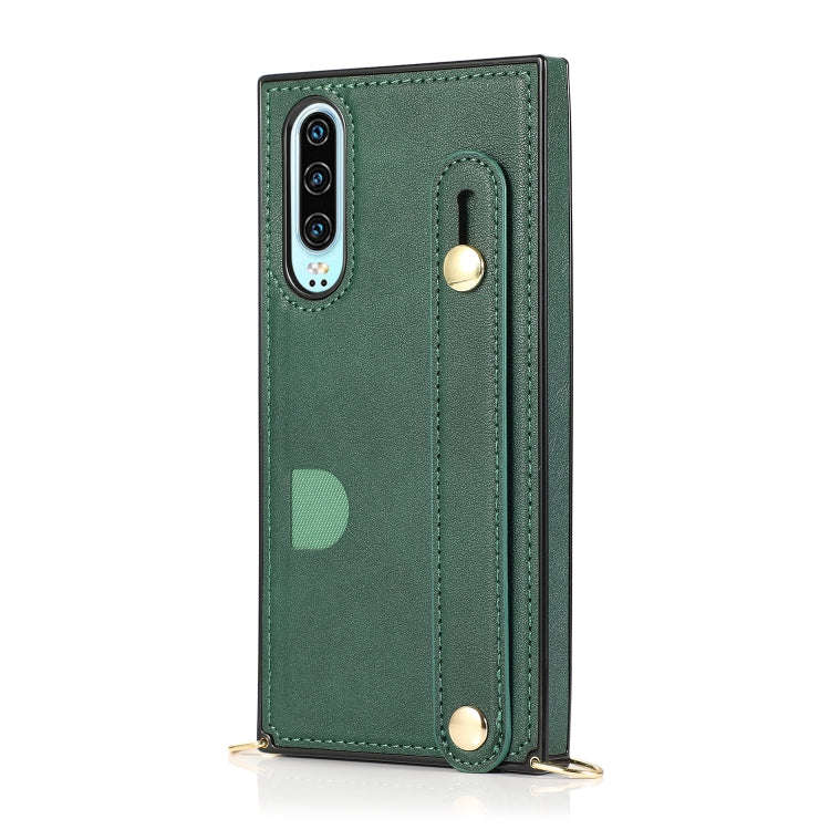 For Huawei P30 Wrist Strap PU+TPU Shockproof Protective Case with Crossbody Lanyard & Holder & Ca...