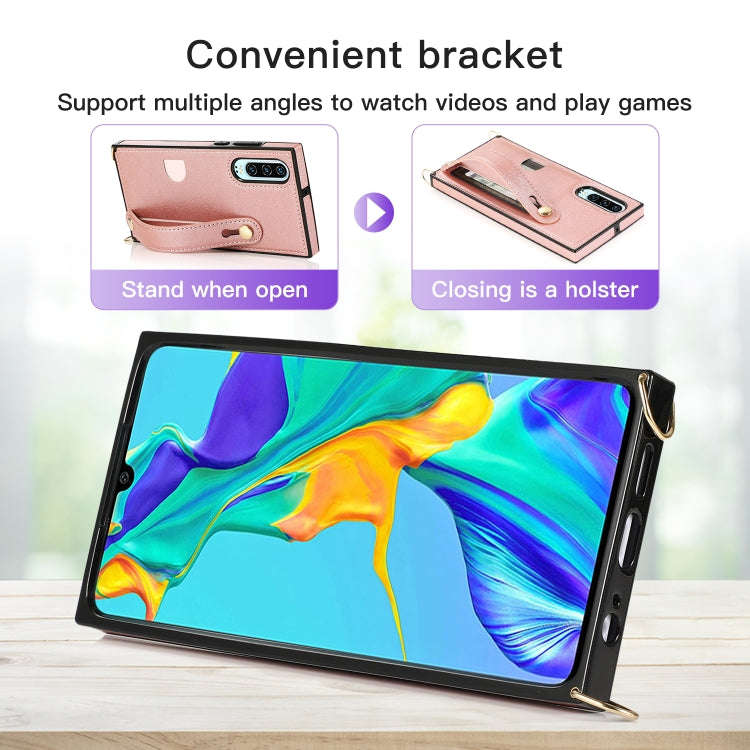 For Huawei P30 Wrist Strap PU+TPU Shockproof Protective Case with Crossbody Lanyard & Holder & Ca...