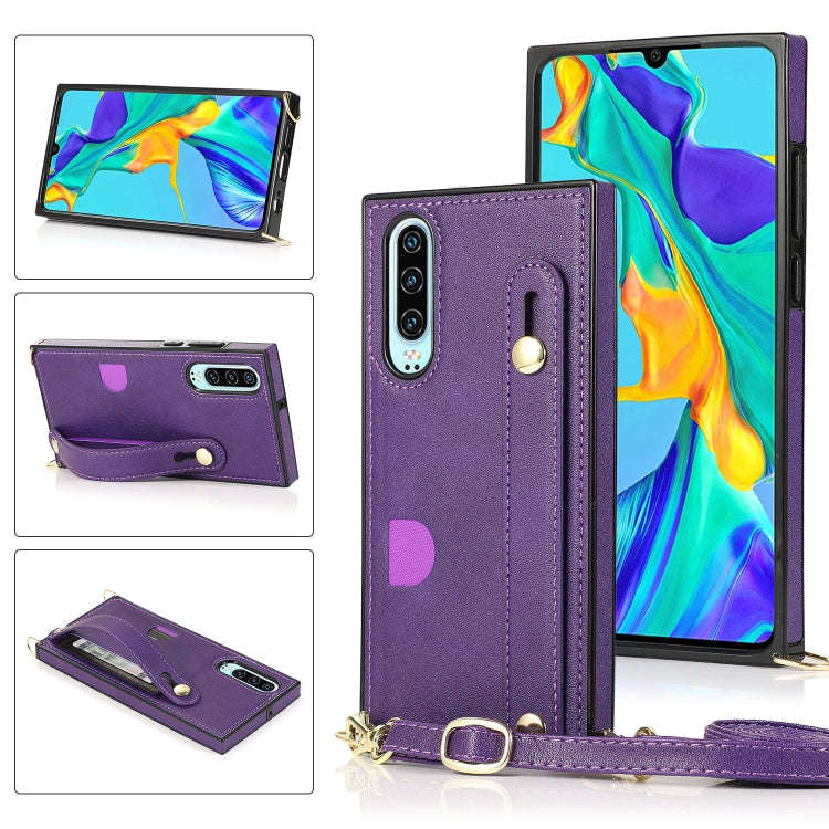 For Huawei P30 Wrist Strap PU+TPU Shockproof Protective Case with Crossbody Lanyard & Holder & Ca...