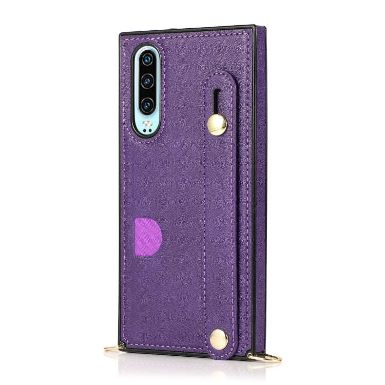 For Huawei P30 Wrist Strap PU+TPU Shockproof Protective Case with Crossbody Lanyard & Holder & Ca...