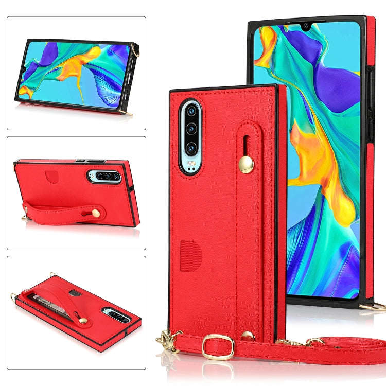 For Huawei P30 Wrist Strap PU+TPU Shockproof Protective Case with Crossbody Lanyard & Holder & Ca...