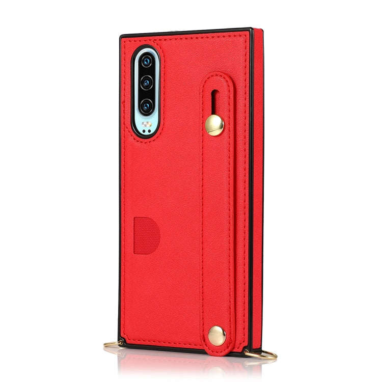 For Huawei P30 Wrist Strap PU+TPU Shockproof Protective Case with Crossbody Lanyard & Holder & Ca...