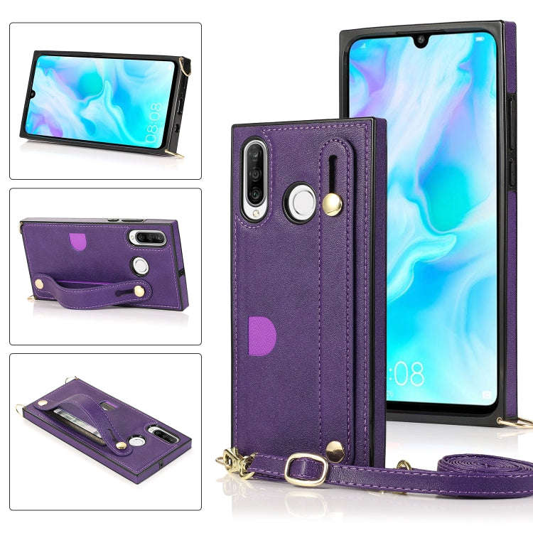 For Huawei P30 Lite Wrist Strap PU+TPU Shockproof Protective Case with Crossbody Lanyard & Holder...