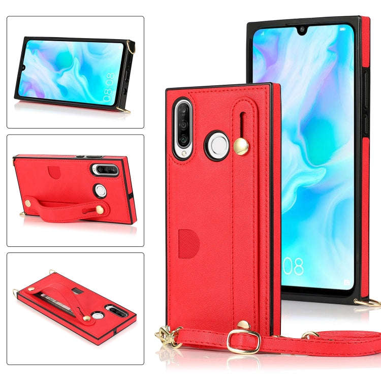 For Huawei P30 Lite Wrist Strap PU+TPU Shockproof Protective Case with Crossbody Lanyard & Holder...