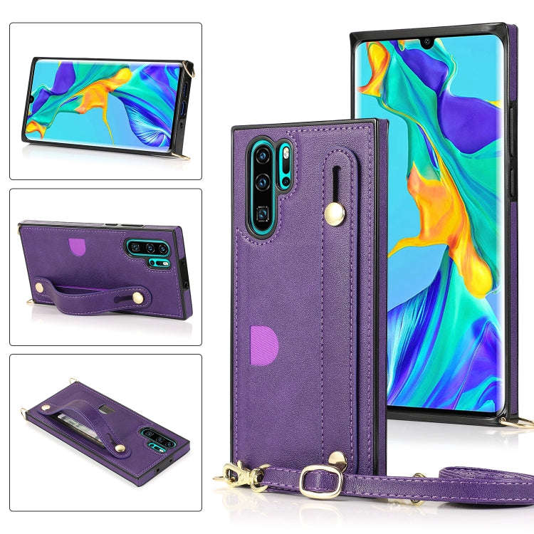 For Huawei P30 Pro Wrist Strap PU+TPU Shockproof Protective Case with Crossbody Lanyard & Holder ...