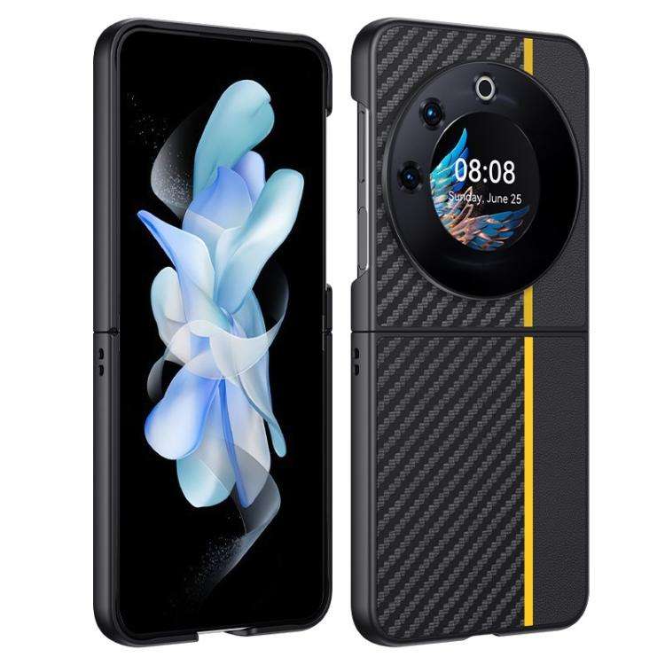 For Tecno Phantom V Flip Ultra-thin Carbon Fiber Texture Printing Phone Case(Black Yellow)