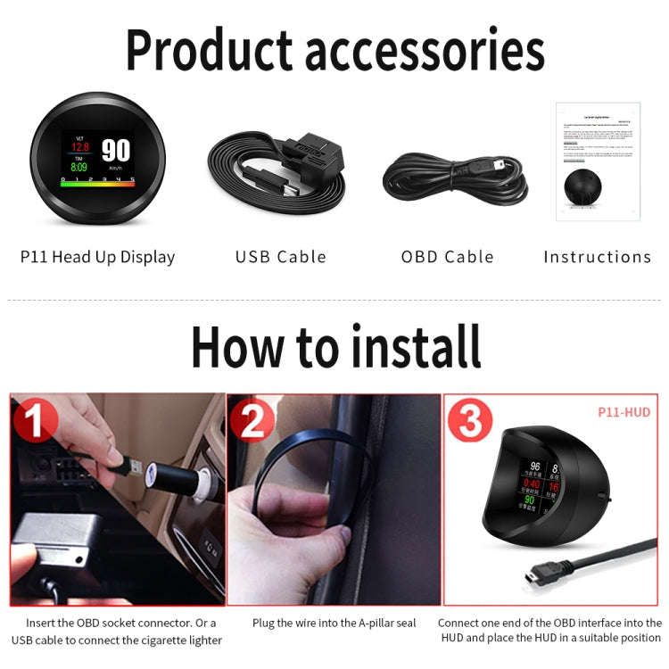 P11 OBD2 + GPS Mode Car HUD Head-up Display Water Temperature / Vehicle Speed / Voltage / Fuel Co...