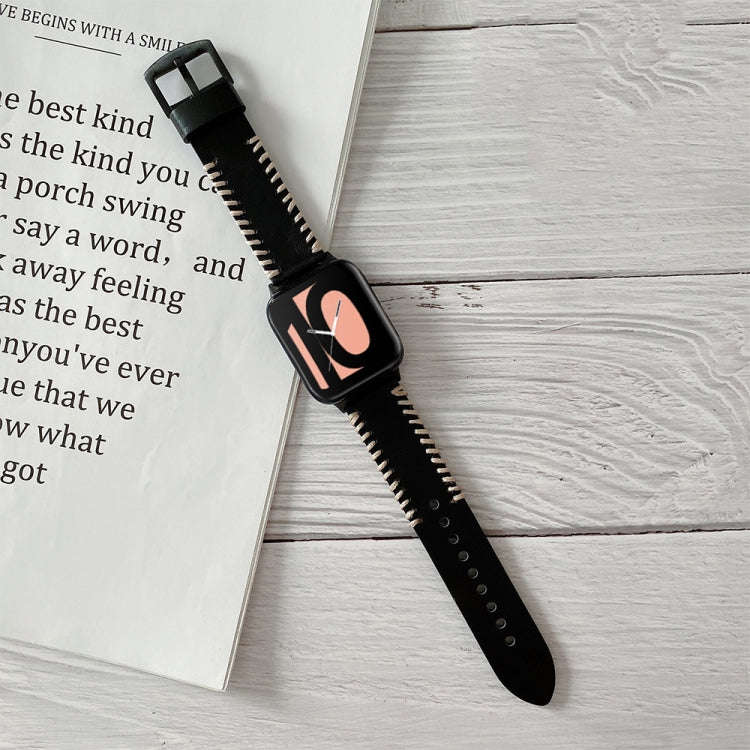 For OPPO Watch 41mm Fish Bone Hand Suture Leather Watch Band(Black)