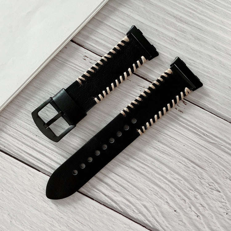 For OPPO Watch 46mm Fish Bone Hand Suture Leather Watch Band(Black)