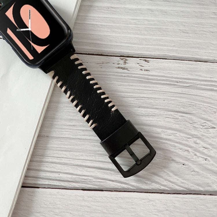 For OPPO Watch 46mm Fish Bone Hand Suture Leather Watch Band(Black)