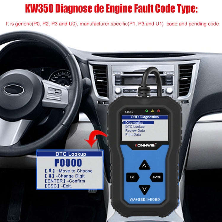 KONNWEI KW350 OBDII 12V Car Diagnostics Detector Scanner with 2 inch Black And White Display Scre...