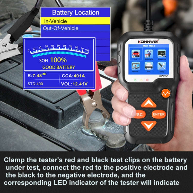 KONNWEI KW650 6V- 12V Car Motorcycle Battery Lawn Mower Detector with 2.4 inch Color Display & Wa...