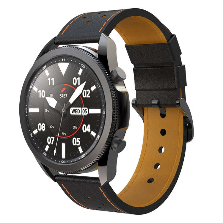 For Samsung Galaxy Watch 3 45mm Round Hole Line Leather Watch Band(Black Leather Orange Line Point)