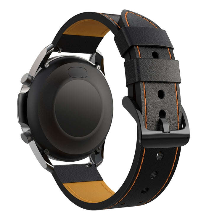For Samsung Galaxy Watch 3 45mm Round Hole Line Leather Watch Band(Black Leather Orange Line Point)