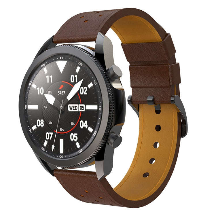 For Samsung Galaxy Watch 3 45mm Round Hole Line Leather Watch Band(Coffee Leather Line Orange Point)