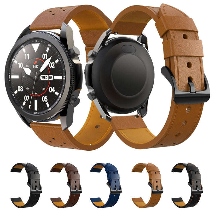 For Samsung Galaxy Watch 3 45mm Round Hole Line Leather Watch Band(Coffee Leather Line Orange Point)