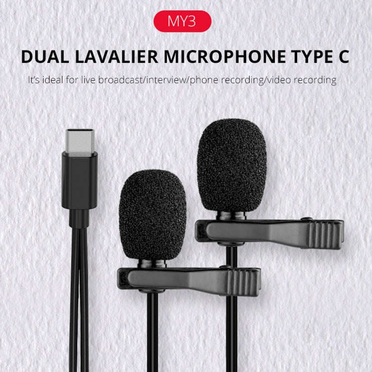 YELANGU MY3 Type-C Interface Live Broadcast Interview Mobile Phone Double Clip Lavalier Microphon...
