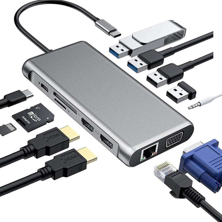 12 in 1 HDMI x2 + USB3.0 + USB2.0 + PD Charging + VGA + RJ45 + 3.5mm Jack + TF/SD x2 Type-C / USB...
