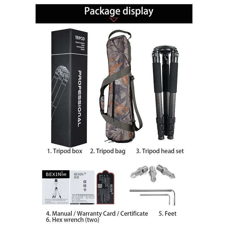 BEXIN ST364C Rugged Camcorder Photographic Carbon Fiber Big Tripod, Max Tube: 36mm