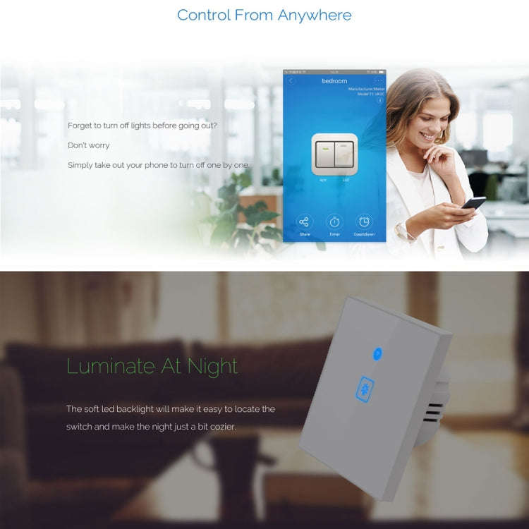 WS-EU-01 EWeLink APP & Touch Control 2A 1 Gang Tempered Glass Panel Smart Wall Switch, AC 90V-250...