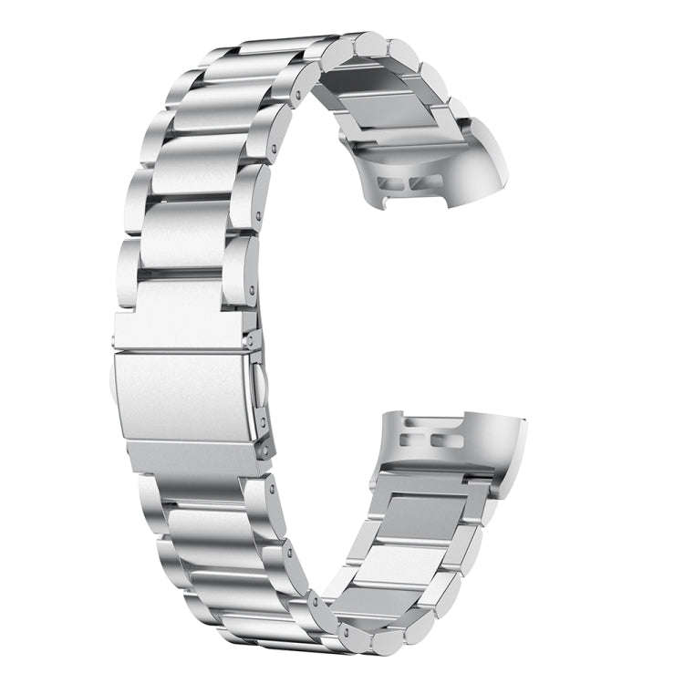 Three Beads Slingshot Buckle Solid Stainless Steel Watch Band for Fitbit Charge 4 (Silver)