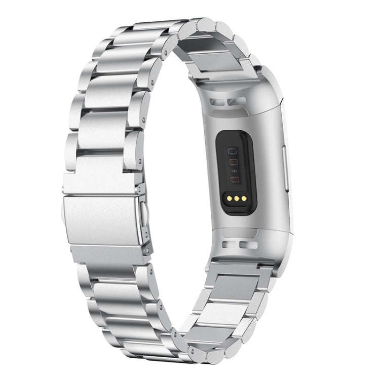 Three Beads Slingshot Buckle Solid Stainless Steel Watch Band for Fitbit Charge 4 (Silver)