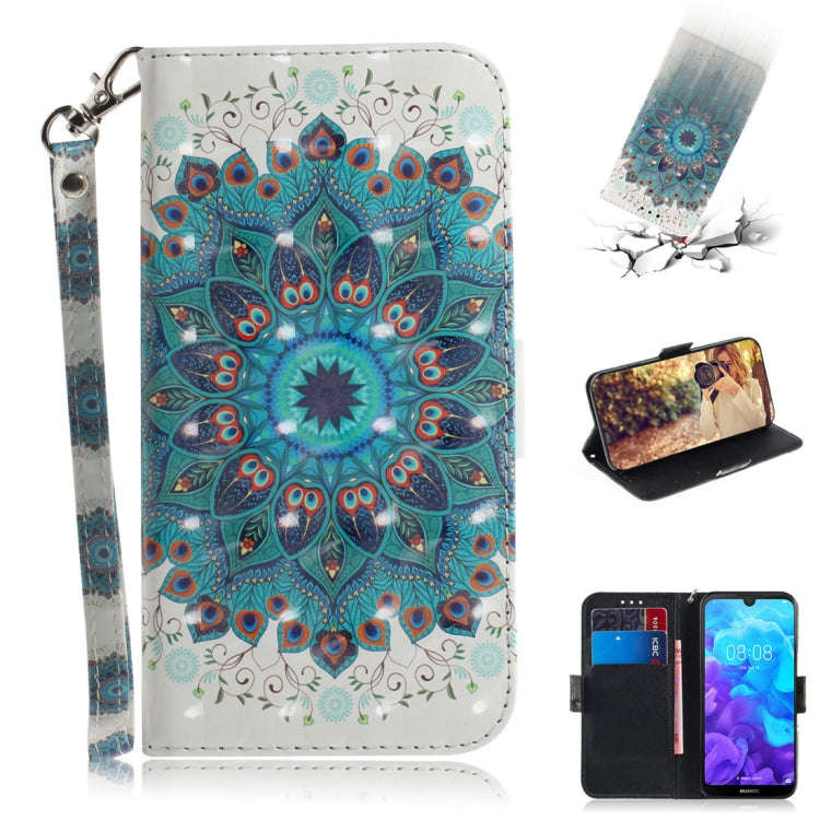 3D Colored Drawing Peacock Wreath Pattern Horizontal Flip Leather Case for Huawei Y5 (2019) / Hon...