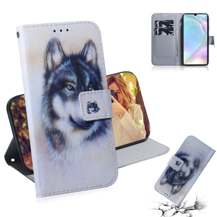White Wolf Pattern Coloured Drawing Horizontal Flip Leather Case for Huawei P30, with Holder & Ca...