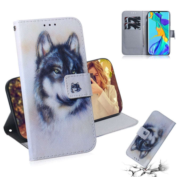 White Wolf Pattern Coloured Drawing Horizontal Flip Leather Case for Huawei P30 Pro, with Holder ...