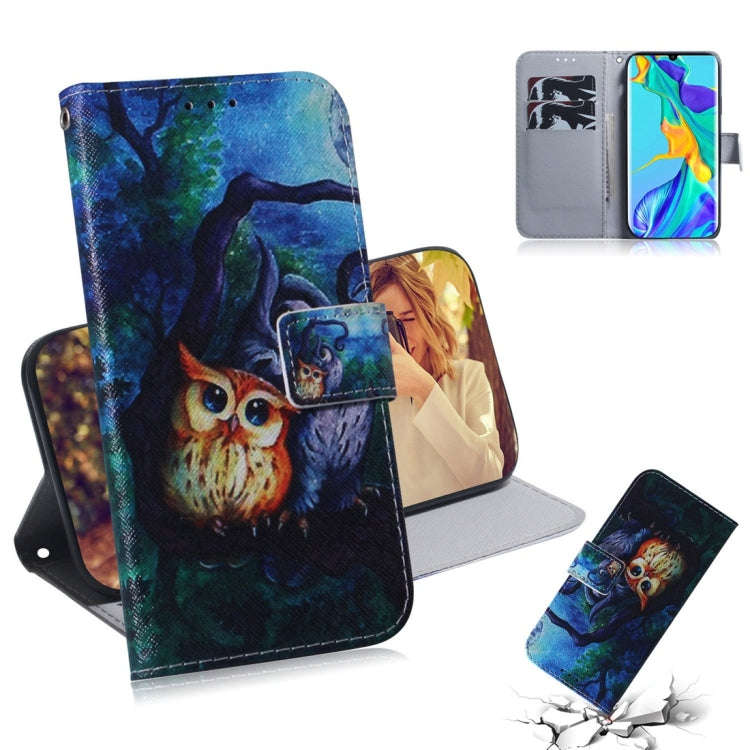 Oil Painting Owl Pattern Coloured Drawing Horizontal Flip Leather Case for Huawei P30 Pro, with H...