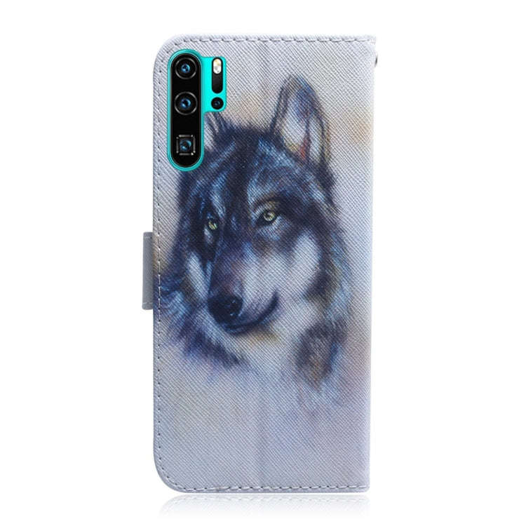 White Wolf Pattern Coloured Drawing Horizontal Flip Leather Case for Huawei P30 Pro, with Holder ...