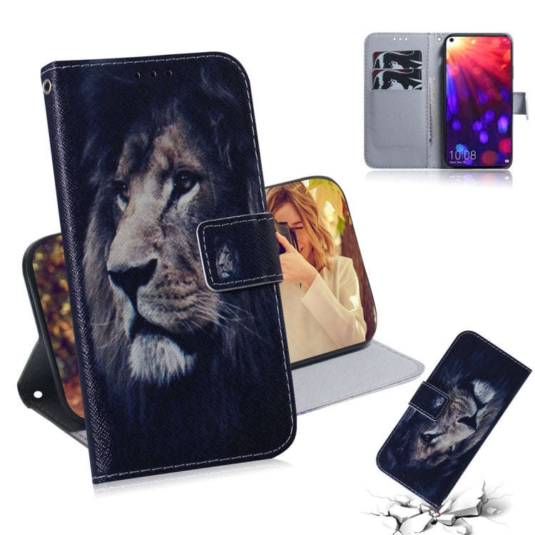 Lion Pattern Coloured Drawing Horizontal Flip Leather Case for Huawei Honor View 20, with Holder ...